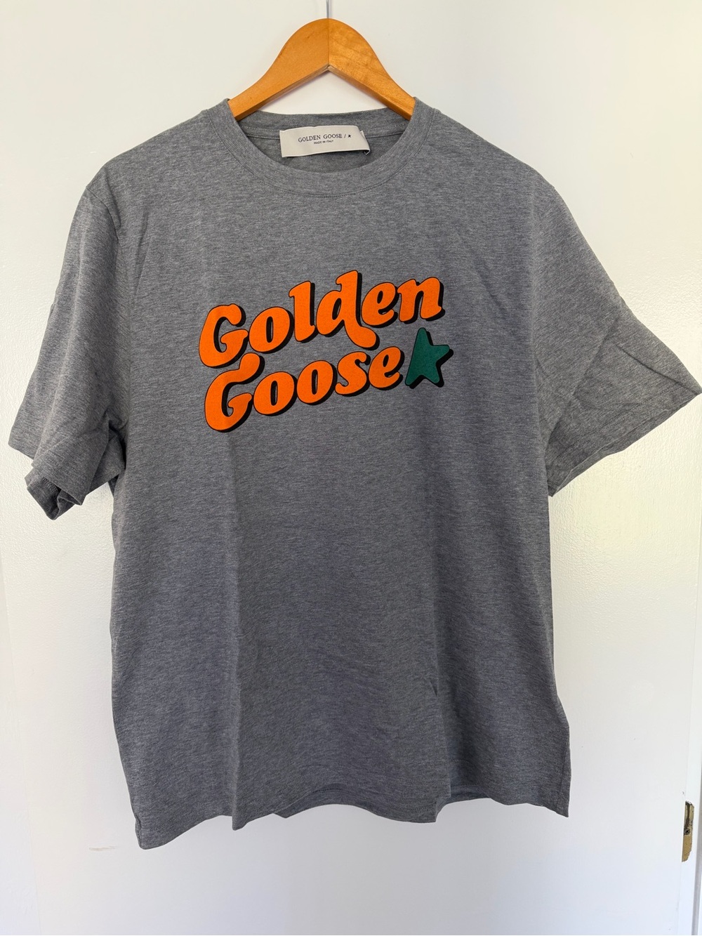 Golden Goose Gray Tee with Orange Logo and Green Star